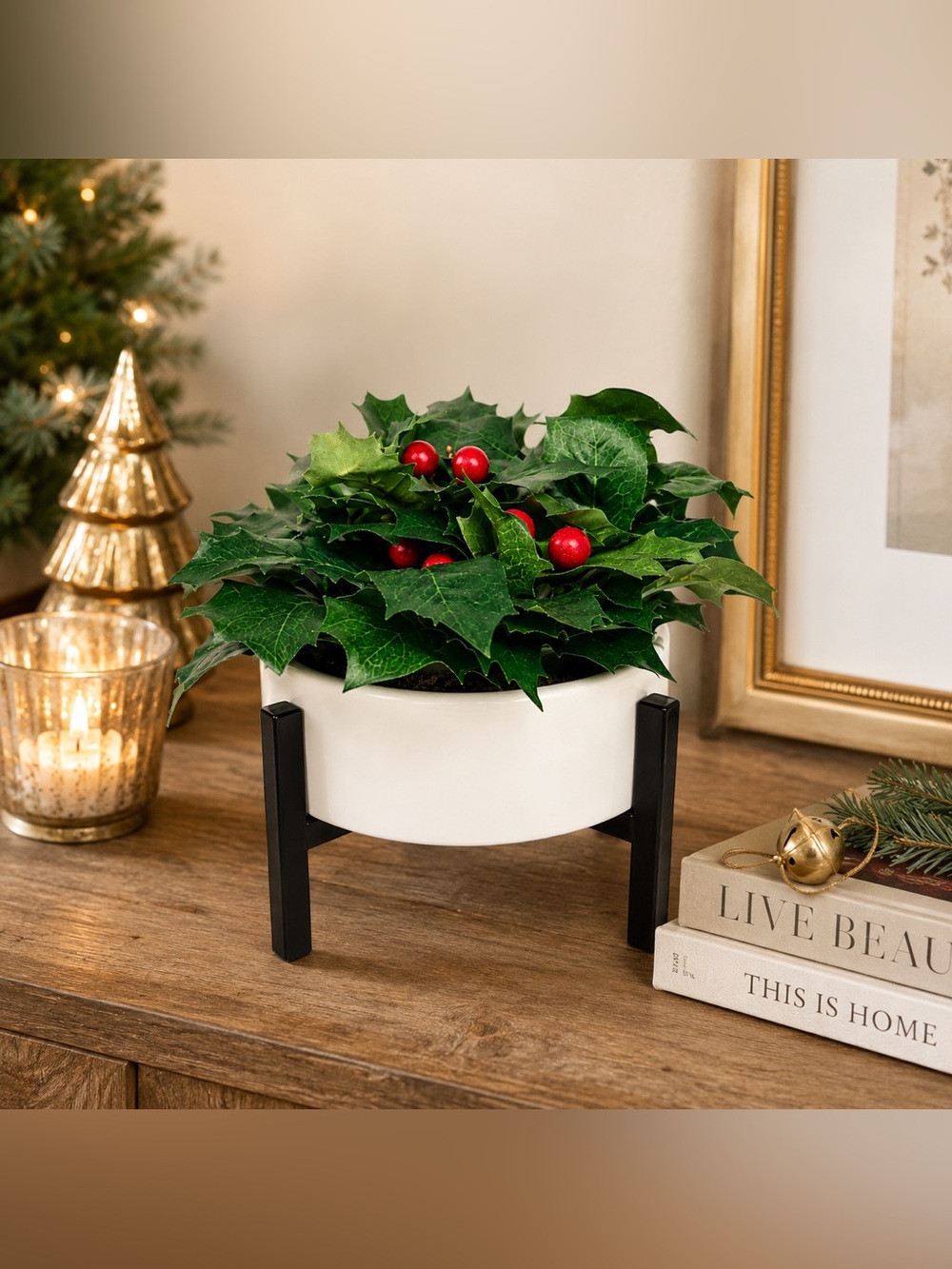Threshold Faux Holly Berry Christmas Planter White Black Stand Holiday Decor